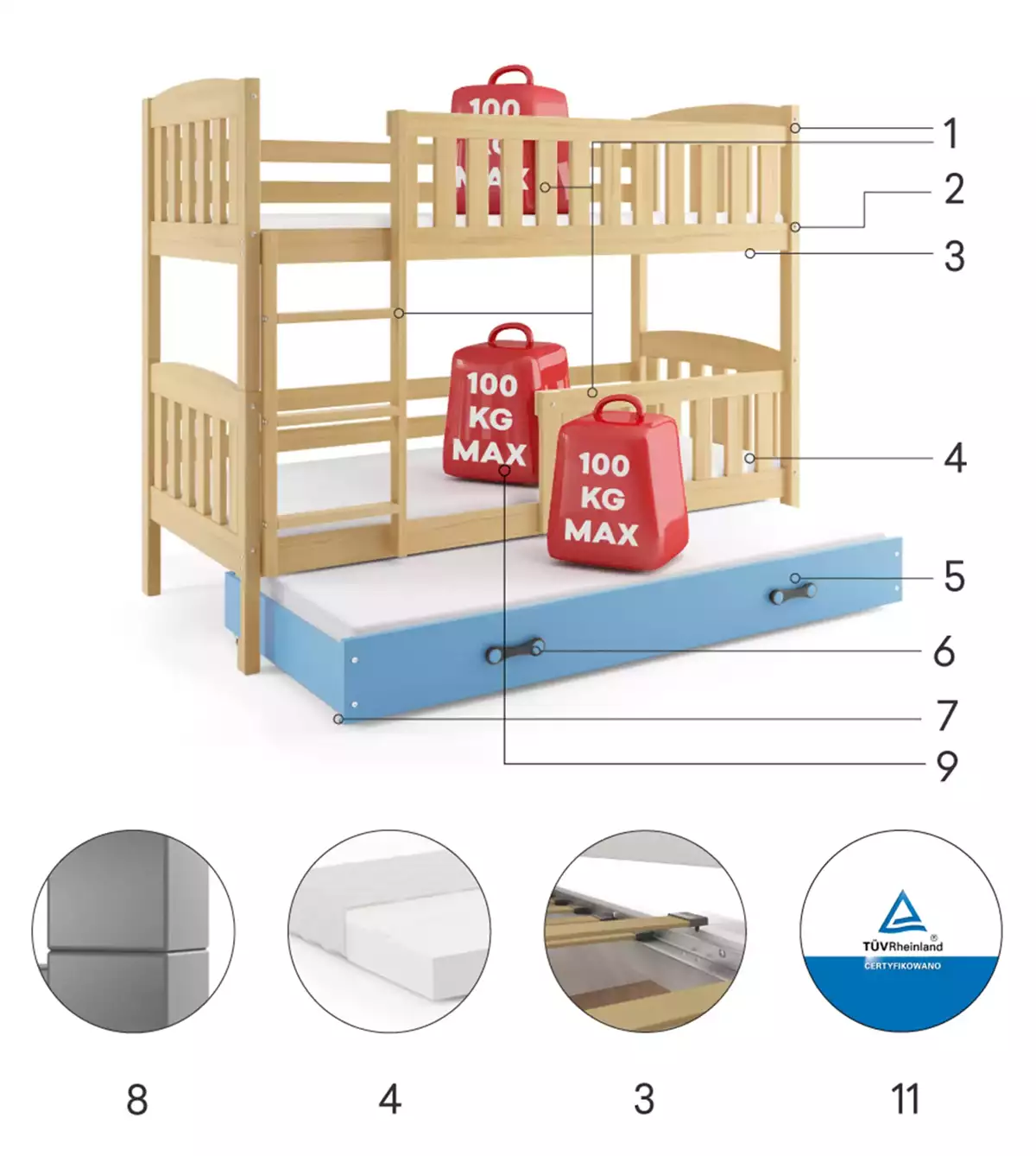 Komponenten für Etagenbett für drei Personen Jakob, 90x200, mit Matratze und Schublade, Kiefer/blau Komponenten für Etagenbett für drei Personen Jakob, 90x200, mit Matratze und Schublade, Kiefer/blau