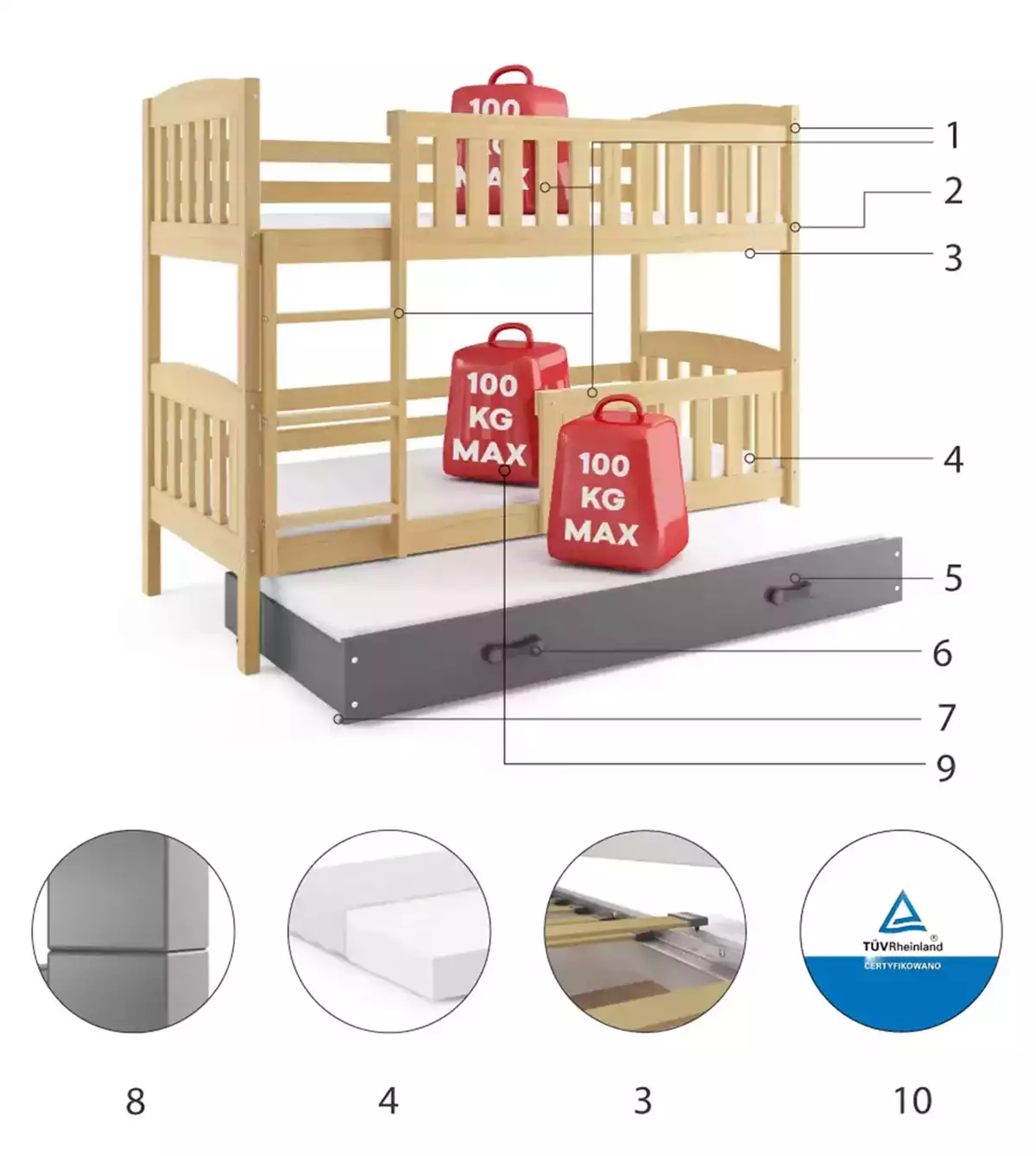 Komponenten für Etagenbett für drei Personen Jakob, 90x200, mit Matratze und Schublade, Kiefer/grau Komponenten für Etagenbett für drei Personen Jakob, 90x200, mit Matratze und Schublade, Kiefer/grau