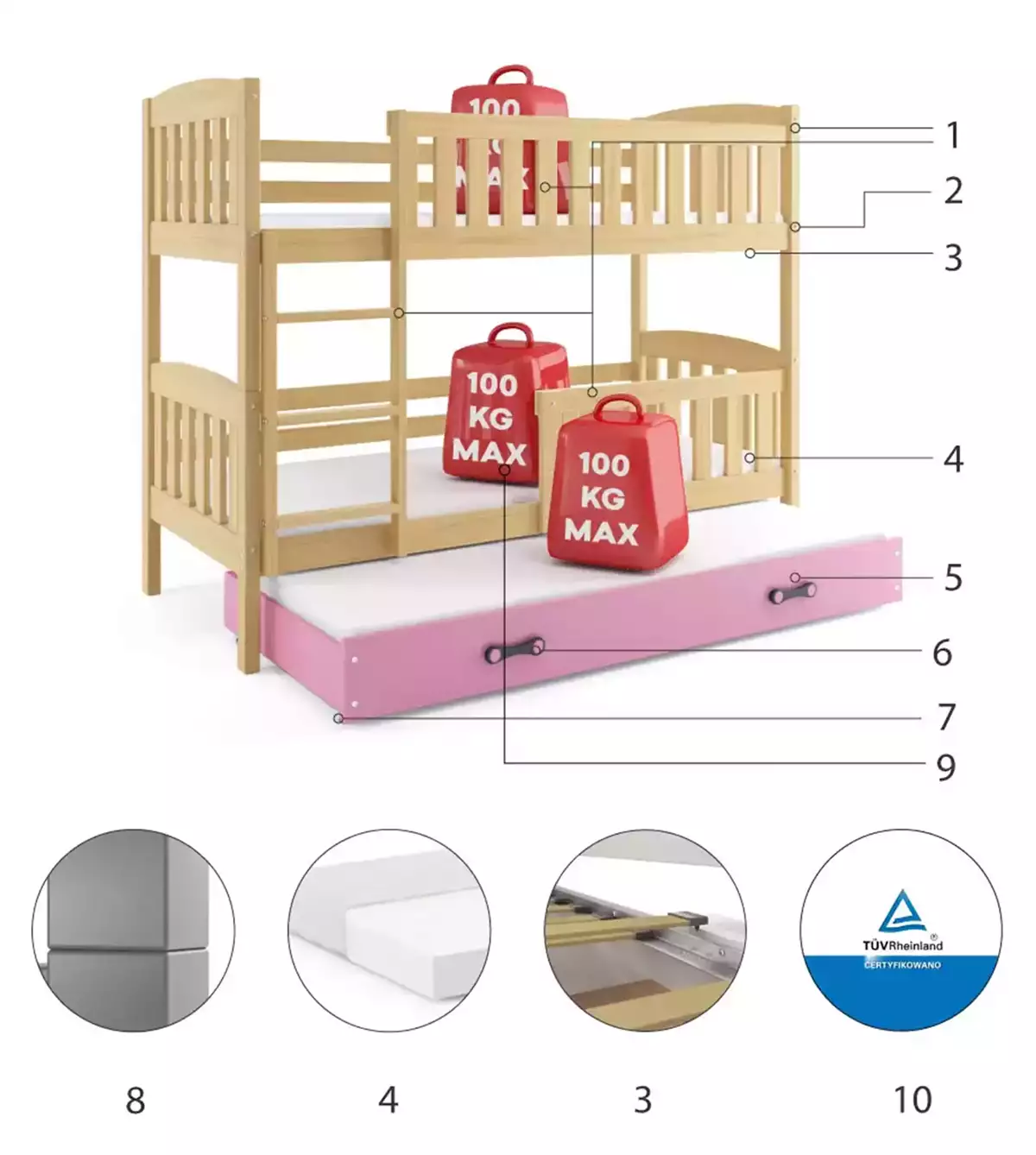Komponenten für Etagenbett für drei Personen Jakob, 90x200, mit Matratze und Schublade, Kiefer/rosa Komponenten für Etagenbett für drei Personen Jakob, 90x200, mit Matratze und Schublade, Kiefer/rosa
