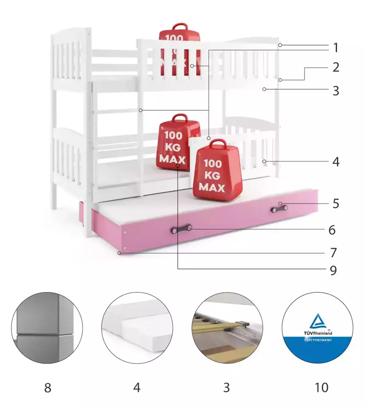 Komponenten für Etagenbett für drei Personen Jakob, 90x200, mit Matratze und Schublade, weiß/rosa Komponenten für Etagenbett für drei Personen Jakob, 90x200, mit Matratze und Schublade, weiß/rosa