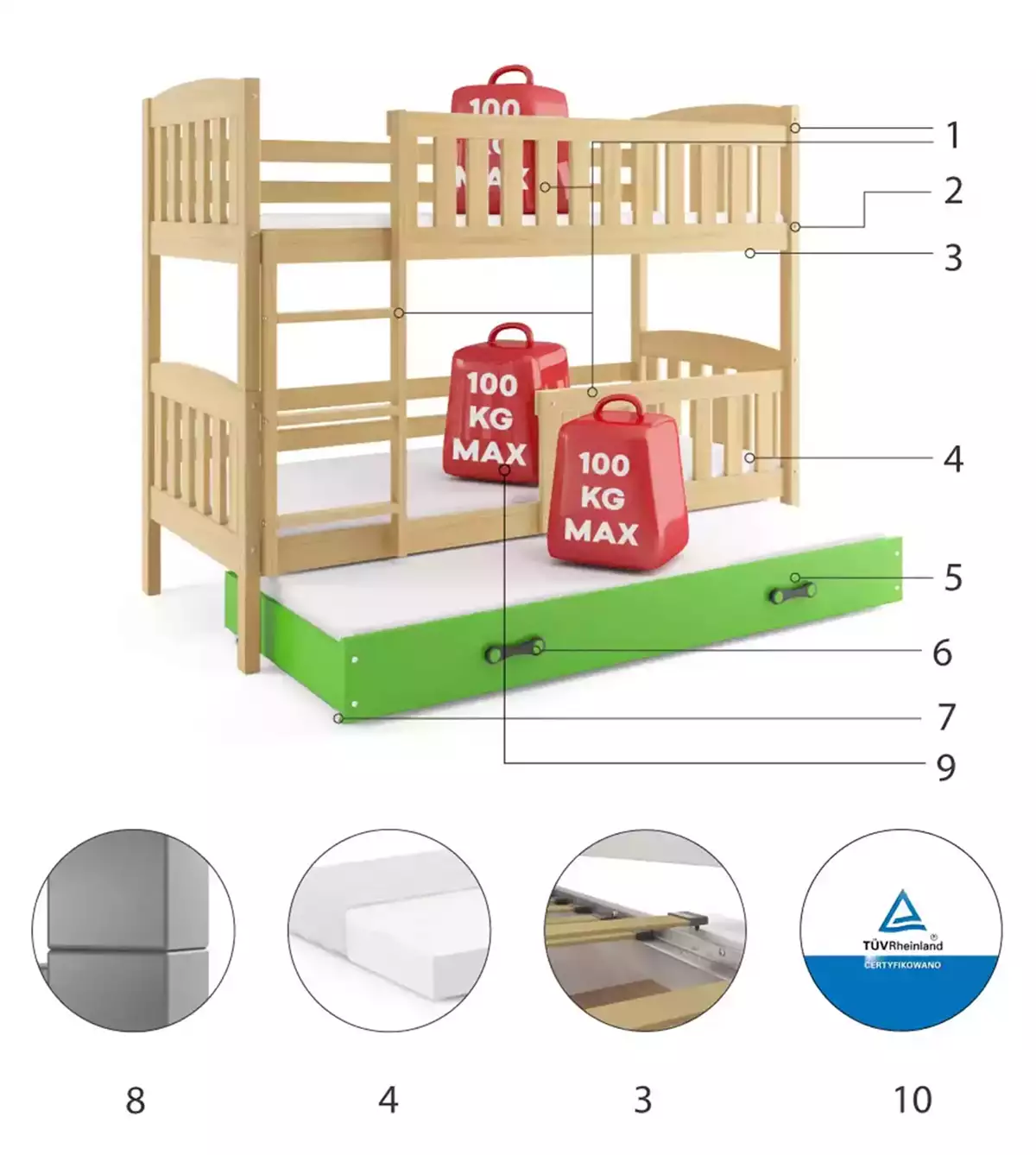 Komponenten für Etagenbett für drei Personen Jakob, 90x200, mit Schublade, Kiefer/grün Komponenten für Etagenbett für drei Personen Jakob, 90x200, mit Schublade, Kiefer/grün