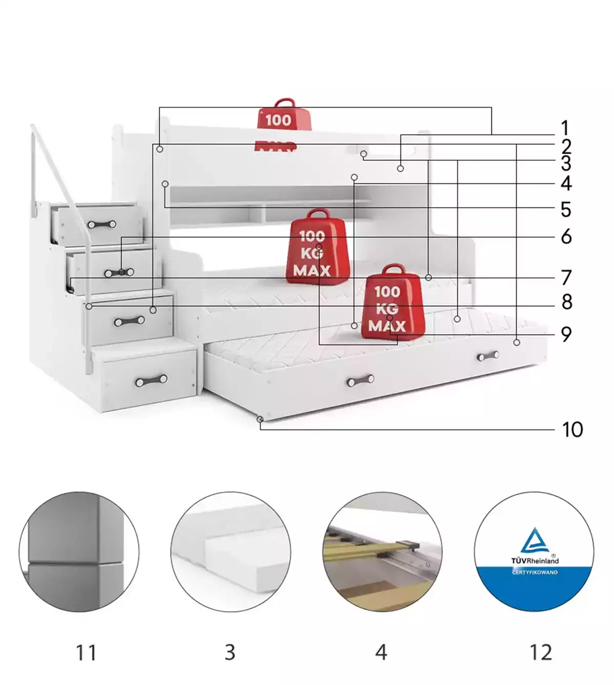 Komponenten für Etagenbett für drei Personen Max 3, 120x200, mit Matratze und Schublade, weiß Komponenten für Etagenbett für drei Personen Max 3, 120x200, mit Matratze und Schublade, weiß