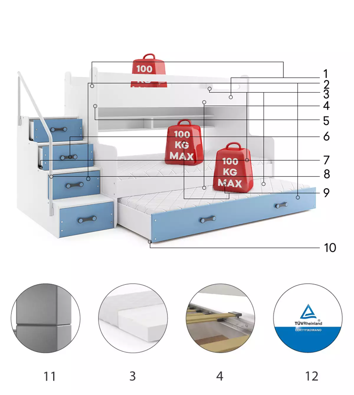 Komponenten für Etagenbett für drei Personen Max 3, 120x200, mit Schublade, blau