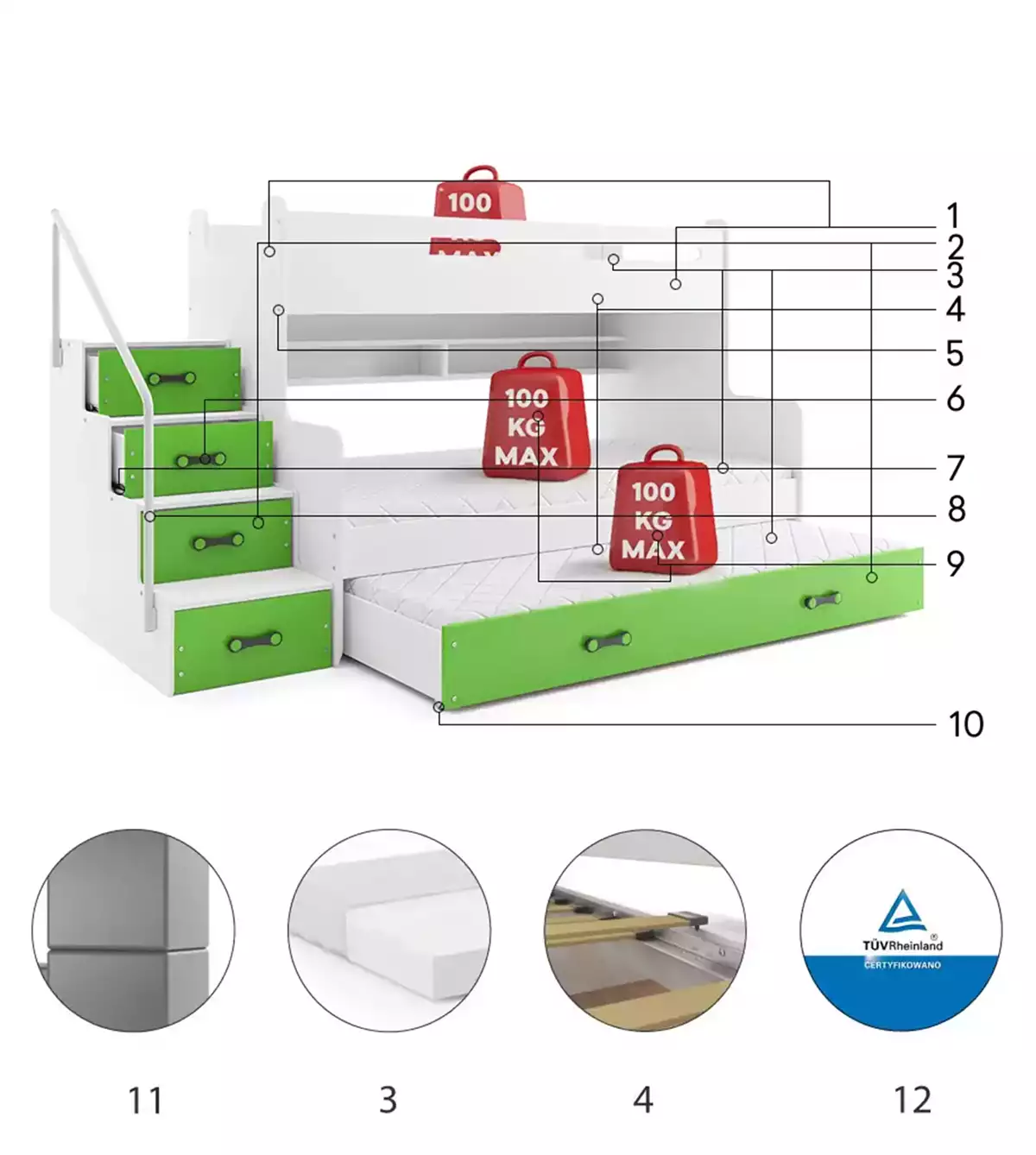 Komponenten für Etagenbett für drei Personen Max 3, 120x200, mit Schublade, grün