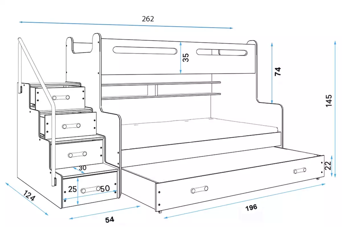 Abmessungen und Spezifikationen für Etagenbett für drei Personen Max 3, 120x200, mit Schublade, grau Abmessungen und Spezifikationen für Etagenbett für drei Personen Max 3, 120x200, mit Schublade, grau