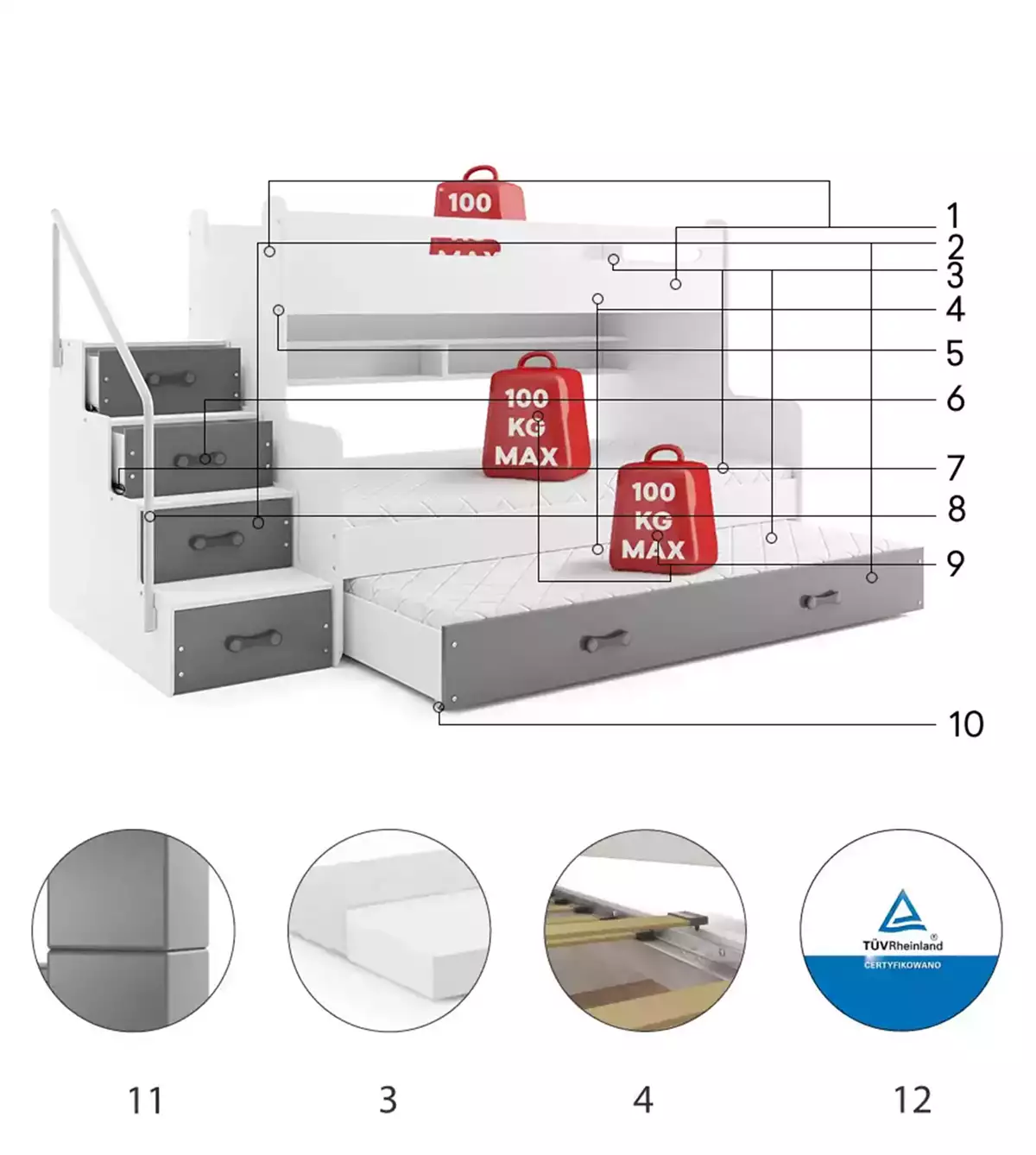 Komponenten für Etagenbett für drei Personen Max 3, 120x200, mit Schublade, grau Komponenten für Etagenbett für drei Personen Max 3, 120x200, mit Schublade, grau