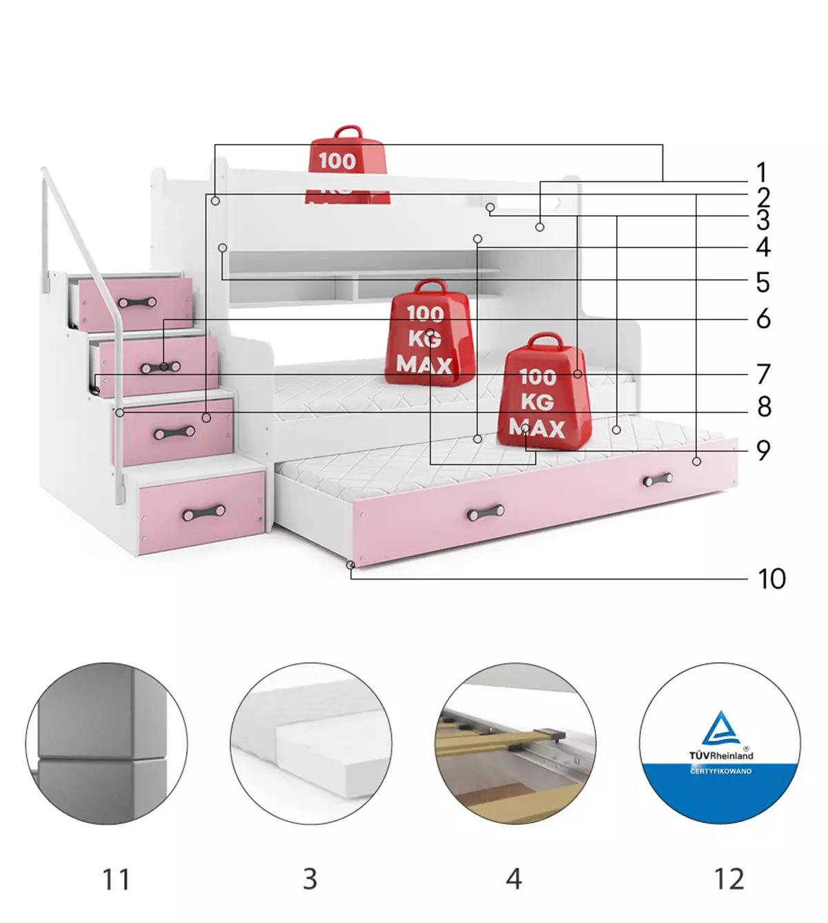 Komponenten für Etagenbett für drei Personen Max 3, 120x200, mit Schublade, rosa