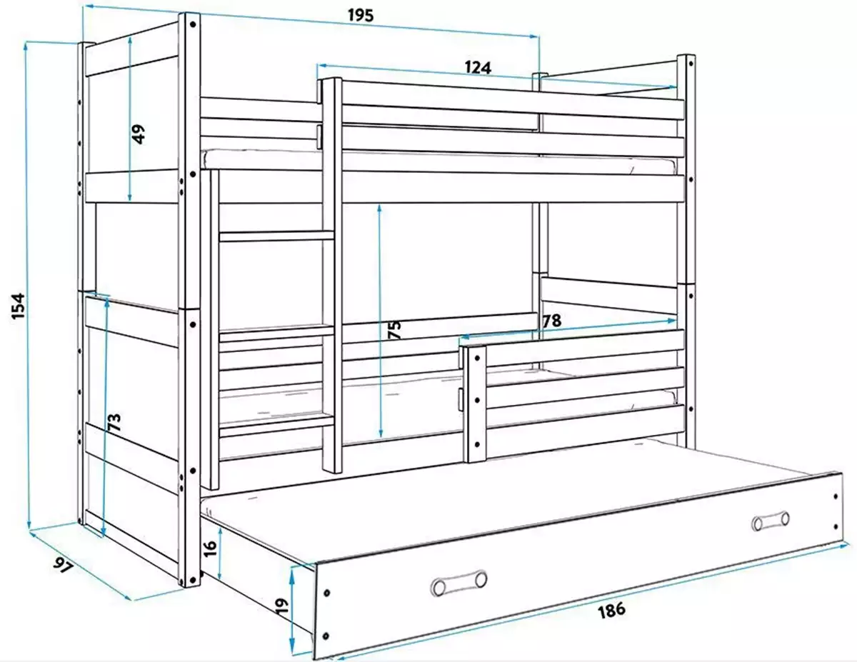 Abmessungen und Spezifikationen für Etagenbett für drei Personen Richard, 90x190, mit Matratze und Schublade, grau/weiß Abmessungen und Spezifikationen für Etagenbett für drei Personen Richard, 90x190, mit Matratze und Schublade, grau/weiß
