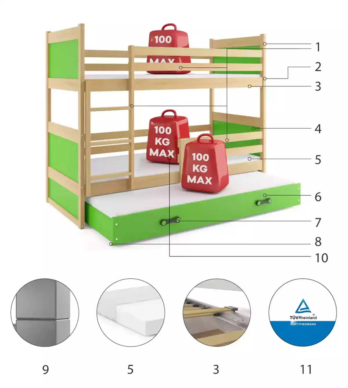 Komponenten für Etagenbett für drei Personen Richard, 90x190, mit Matratze und Schublade, Kiefer/grün Komponenten für Etagenbett für drei Personen Richard, 90x190, mit Matratze und Schublade, Kiefer/grün