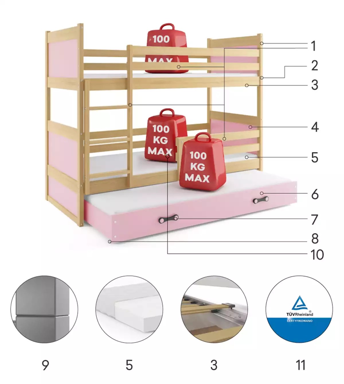 Komponenten für Etagenbett für drei Personen Richard, 90x190, mit Matratze und Schublade, Kiefer/rosa Komponenten für Etagenbett für drei Personen Richard, 90x190, mit Matratze und Schublade, Kiefer/rosa