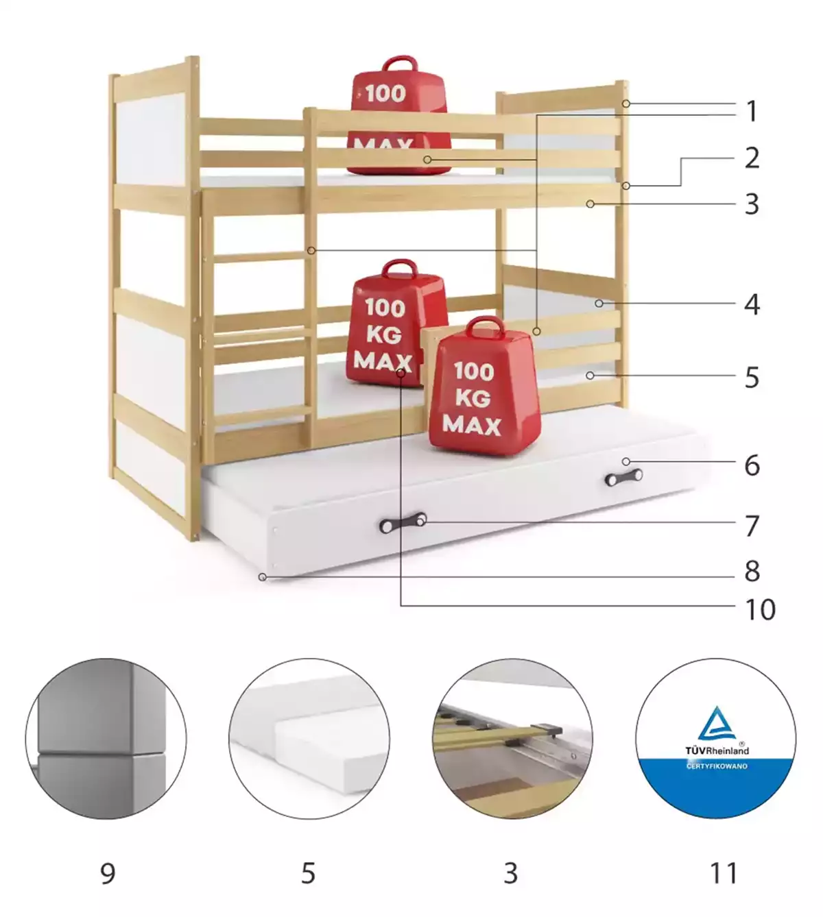 Komponenten für Etagenbett für drei Personen Richard, 90x190, mit Matratze und Schublade, Kiefer/weiß Komponenten für Etagenbett für drei Personen Richard, 90x190, mit Matratze und Schublade, Kiefer/weiß