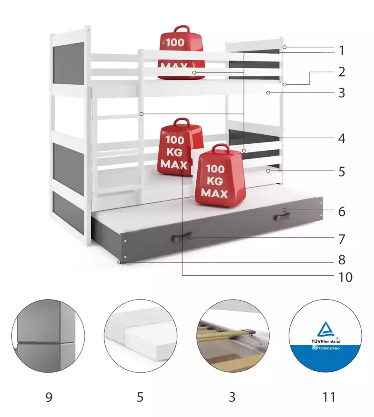 Komponenten für Etagenbett für drei Personen Richard, 90x190, mit Matratze und Schublade, weiß/grau Komponenten für Etagenbett für drei Personen Richard, 90x190, mit Matratze und Schublade, weiß/grau