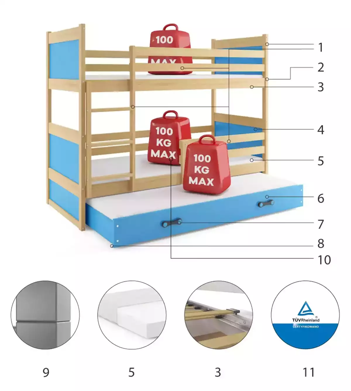 Komponenten für Etagenbett für drei Personen Richard, 90x190, mit Schublade, Kiefer/blau
