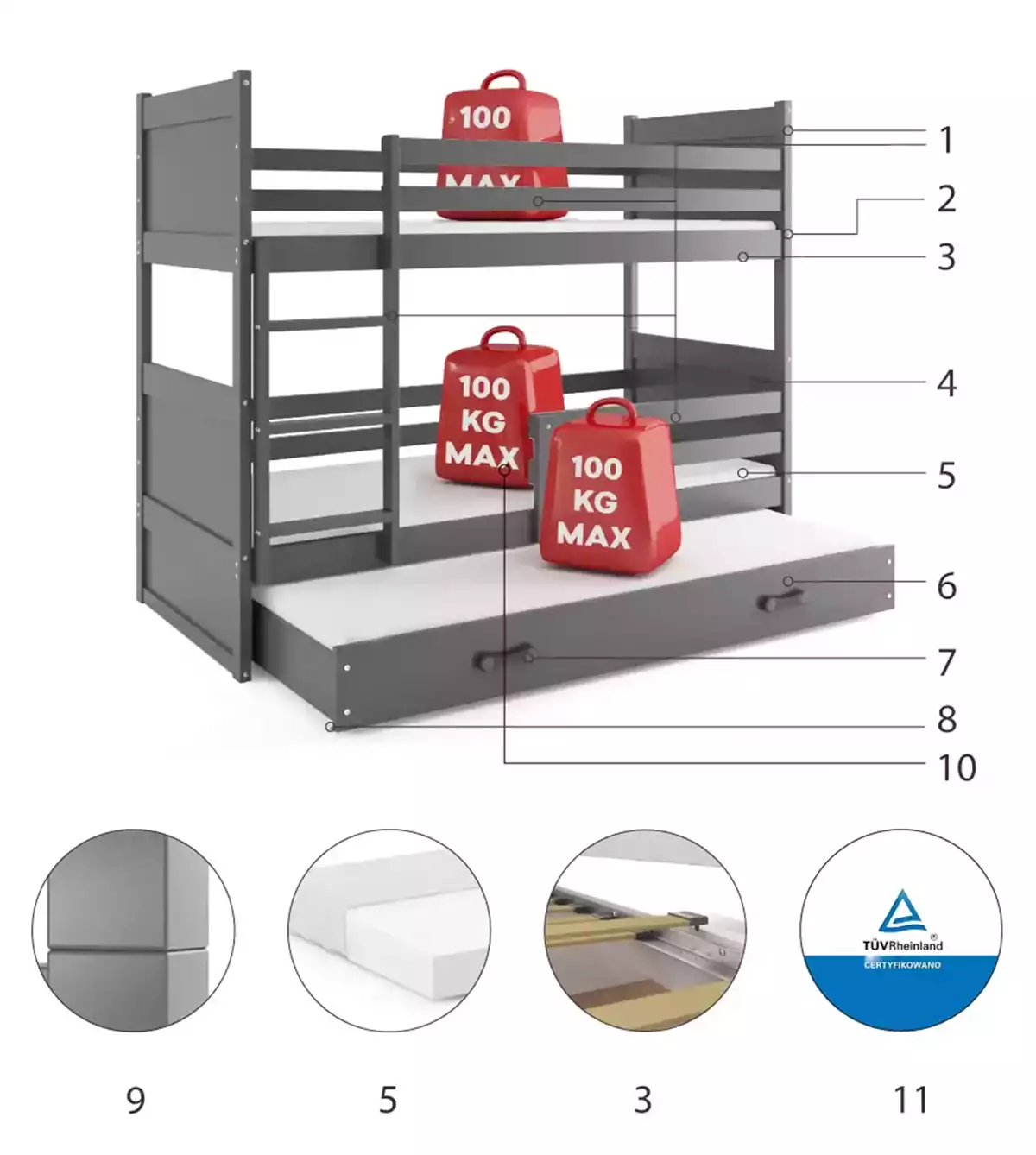 Komponenten für Etagenbett für drei Personen Richard, 90x200, mit Matratze und Schublade, grau