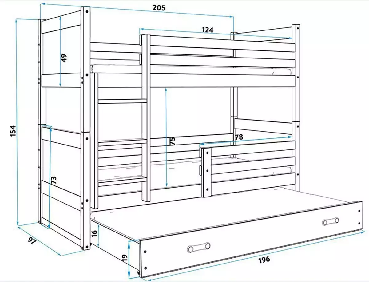 Abmessungen und Spezifikationen für Etagenbett für drei Personen Richard, 90x200, mit Schublade, grau/weiß Abmessungen und Spezifikationen für Etagenbett für drei Personen Richard, 90x200, mit Schublade, grau/weiß