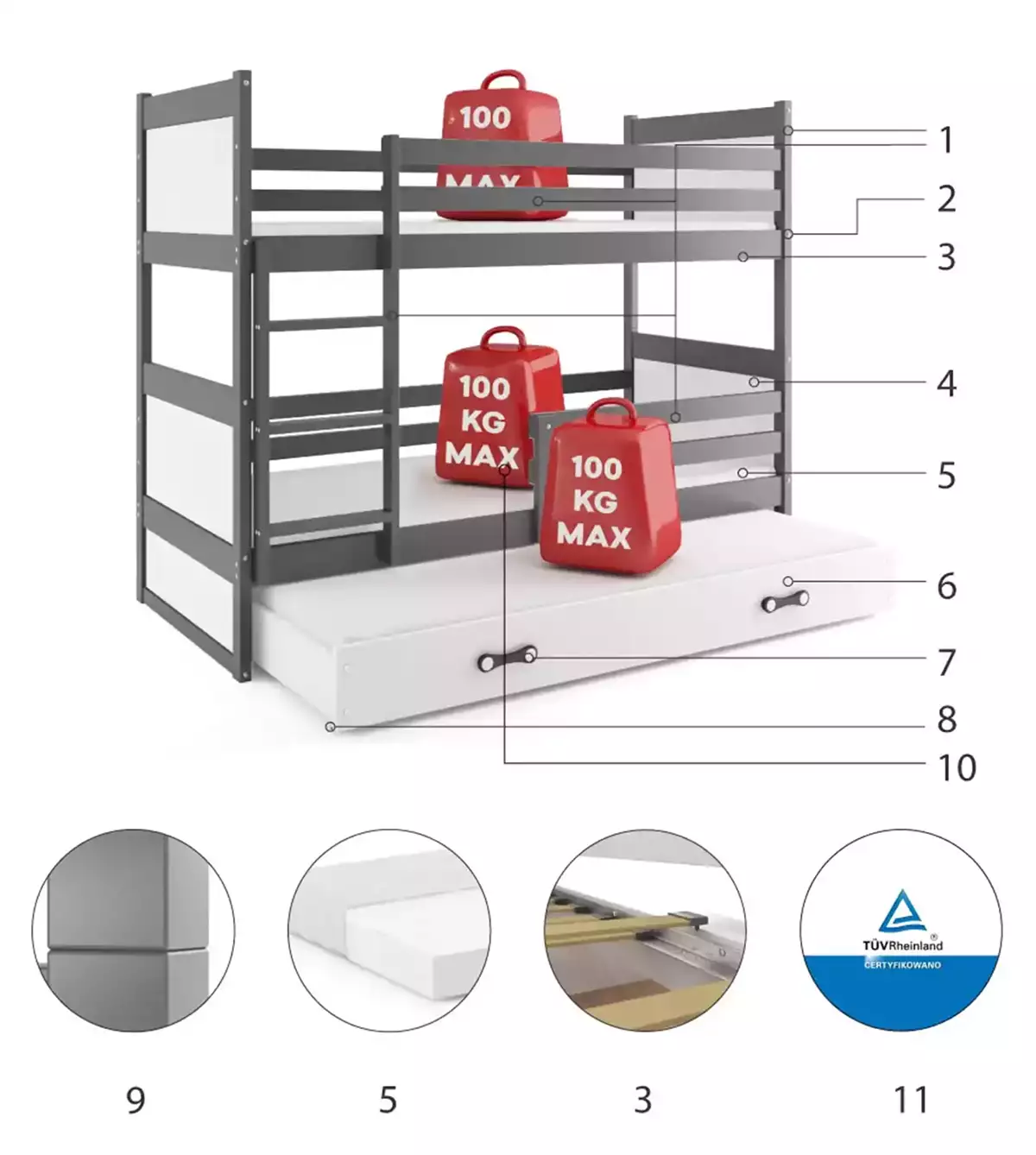 Komponenten für Etagenbett für drei Personen Richard, 90x200, mit Schublade, grau/weiß Komponenten für Etagenbett für drei Personen Richard, 90x200, mit Schublade, grau/weiß