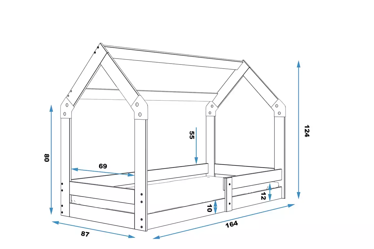 Abmessungen und Spezifikationen für Hausbett 1 für Kinder, 80x160, mit Matratze, Kiefer Abmessungen und Spezifikationen für Hausbett 1 für Kinder, 80x160, mit Matratze, Kiefer