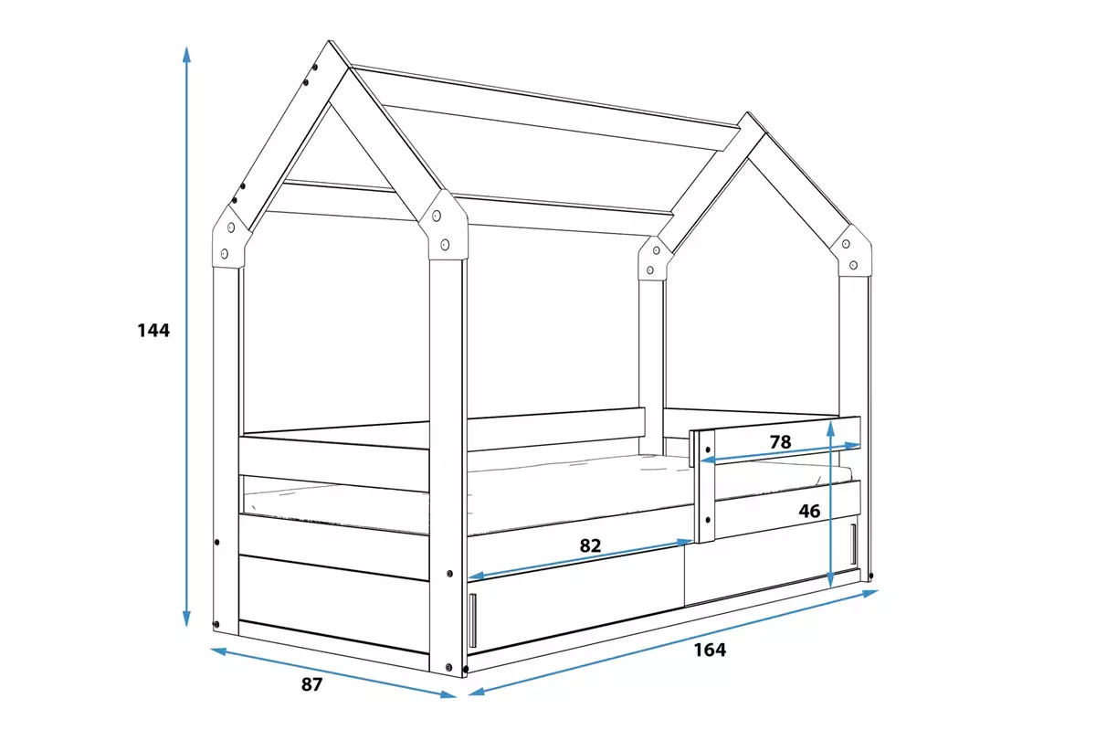 Abmessungen und Spezifikationen für Hausbett für Kinder, 80x160, mit Stauraum, Kiefer Abmessungen und Spezifikationen für Hausbett für Kinder, 80x160, mit Stauraum, Kiefer