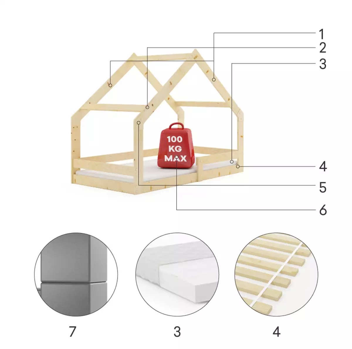 Komponenten für Hausbett für Kinder, 80x160, naturholz Komponenten für Hausbett für Kinder, 80x160, naturholz