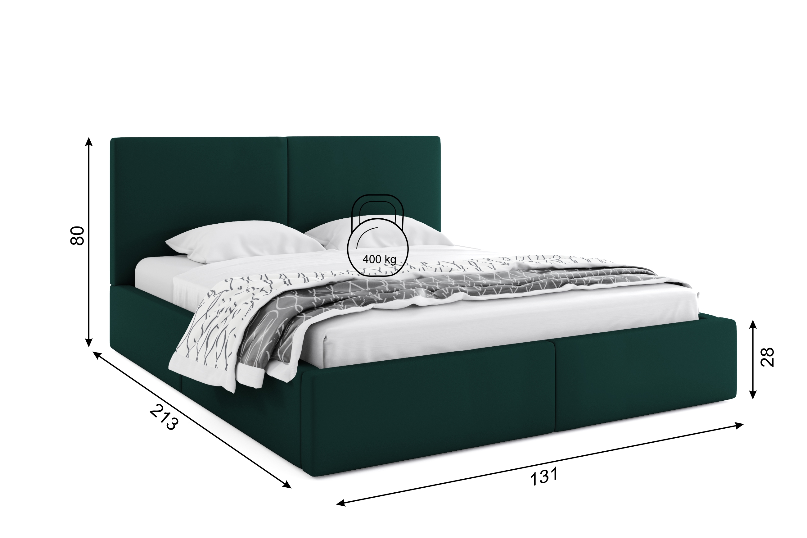 Dimensions et spécifications pour Polsterbett Schlafzimmerbett Doppelbett HILTON 120X200 mit Matratze und Stauraum, grün