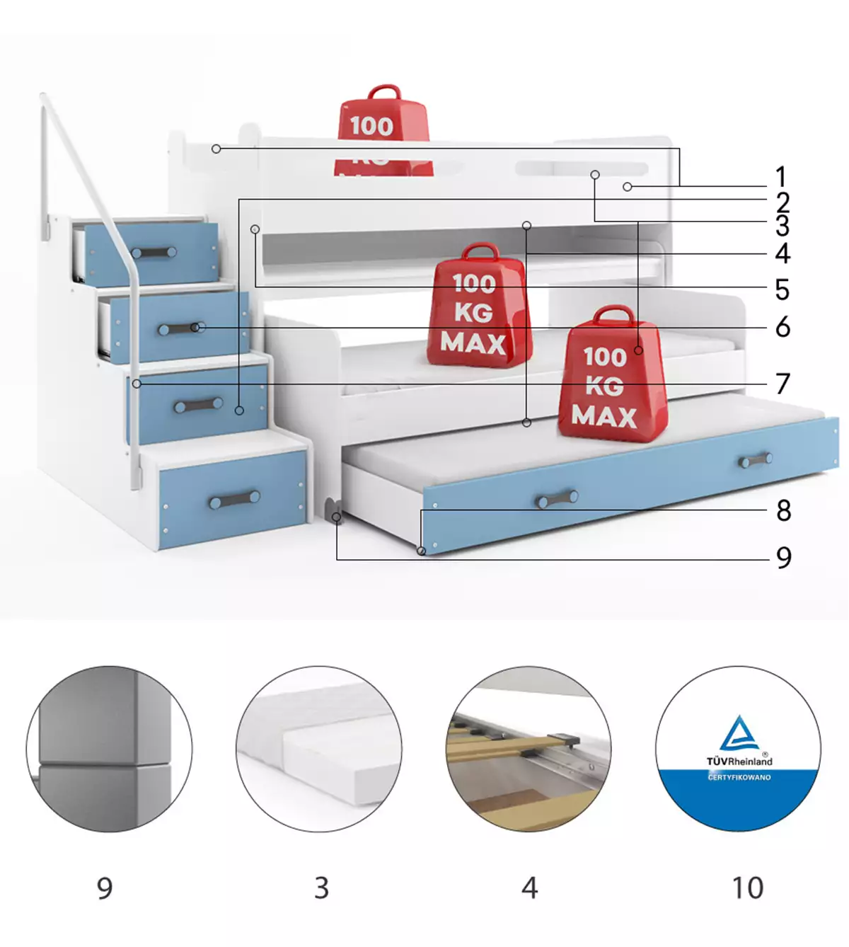 Komponenten für Hochbett für drei Personen Max 1, 80x200, mit Matratze und Schreibtisch, blau
