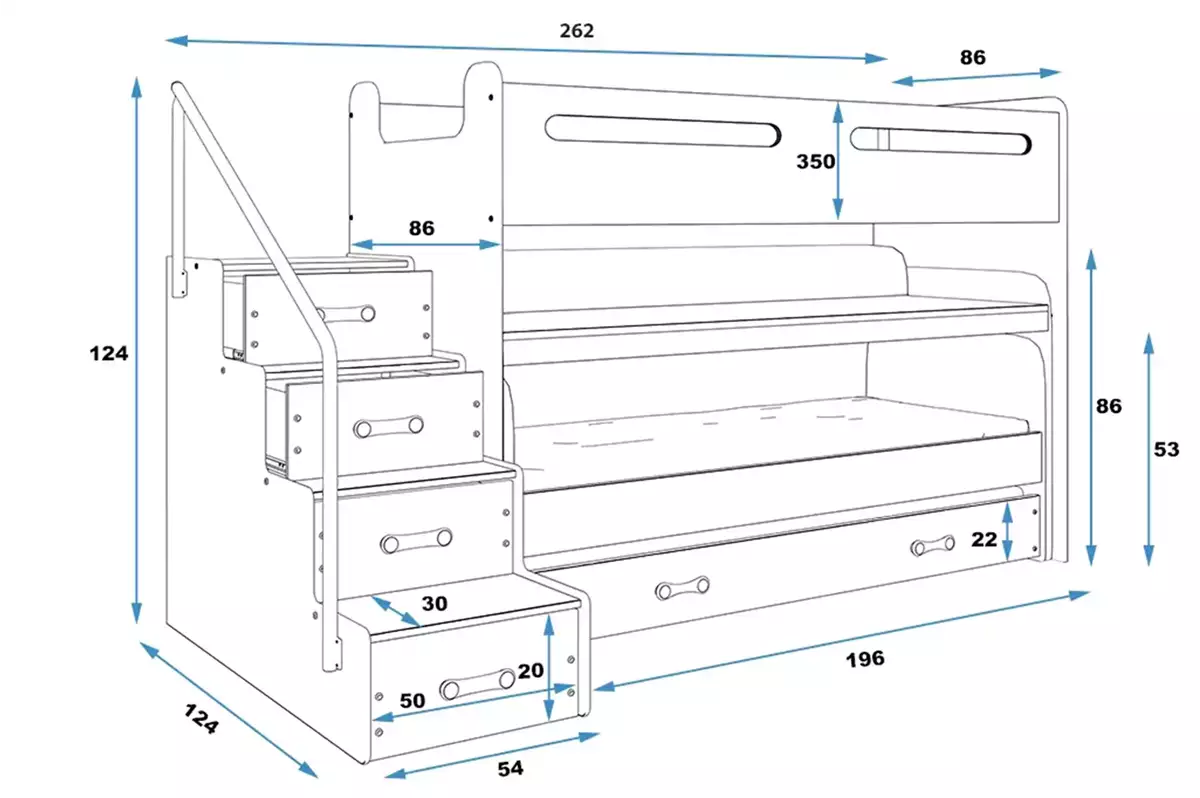 Abmessungen und Spezifikationen für Hochbett für drei Personen Max 1, 80x200, mit Matratze und Schreibtisch, grau Abmessungen und Spezifikationen für Hochbett für drei Personen Max 1, 80x200, mit Matratze und Schreibtisch, grau