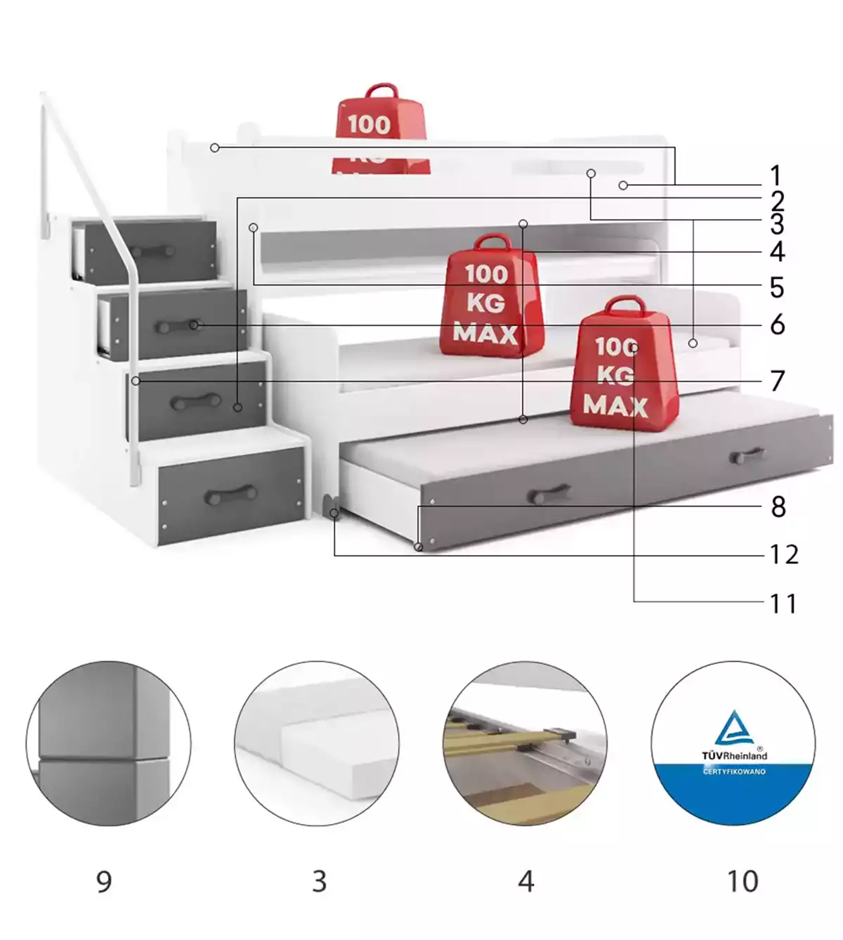 Komponenten für Hochbett für drei Personen Max 1, 80x200, mit Matratze und Schreibtisch, grau Komponenten für Hochbett für drei Personen Max 1, 80x200, mit Matratze und Schreibtisch, grau