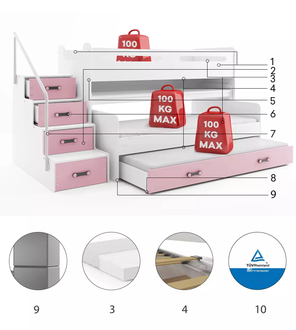 Komponenten für Hochbett für drei Personen Max 1, 80x200, mit Matratze und Schreibtisch, rosa