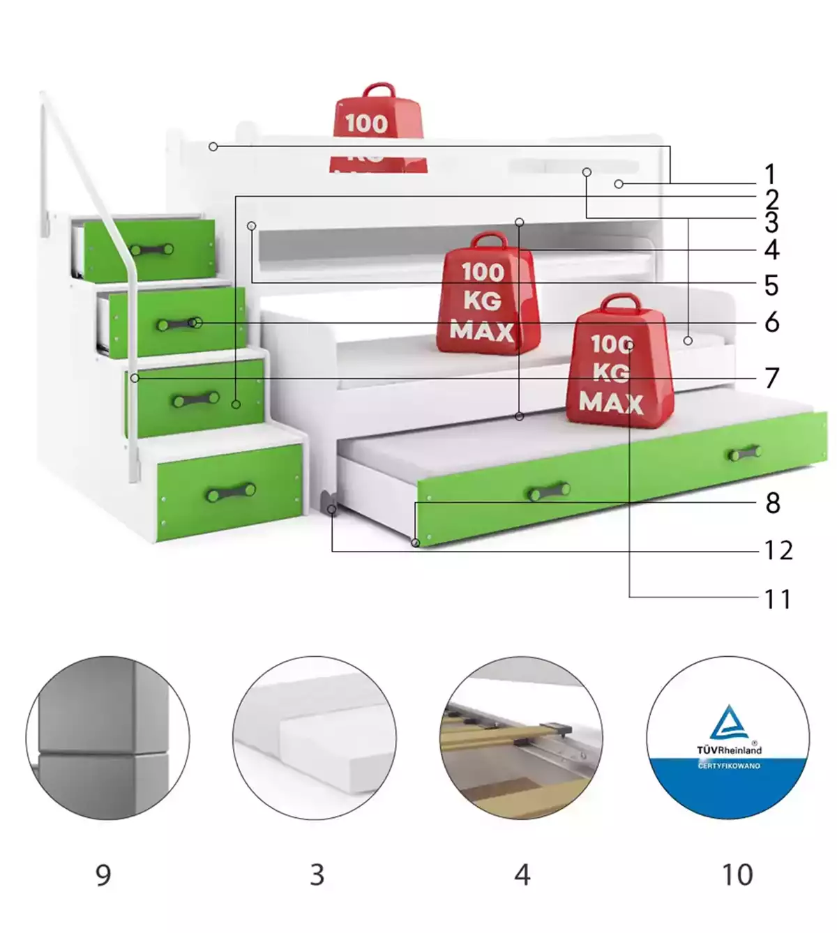 Komponenten für Hochbett für drei Personen Max 1, 80x200, mit Schreibtisch, grün