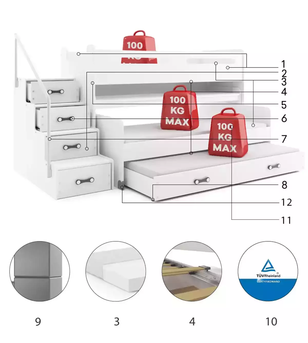 Komponenten für Hochbett für drei Personen Max 1, 80x200, mit Schreibtisch, weiß