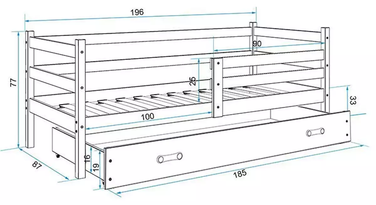 Abmessungen und Spezifikationen für Jugenbett Erik, 80x190, mit Matratze und Schublade, grau/weiß Abmessungen und Spezifikationen für Jugenbett Erik, 80x190, mit Matratze und Schublade, grau/weiß