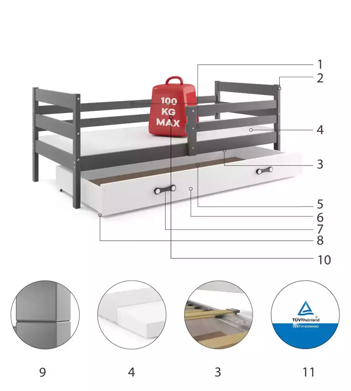Komponenten für Jugenbett Erik, 80x190, mit Matratze und Schublade, grau/weiß Komponenten für Jugenbett Erik, 80x190, mit Matratze und Schublade, grau/weiß