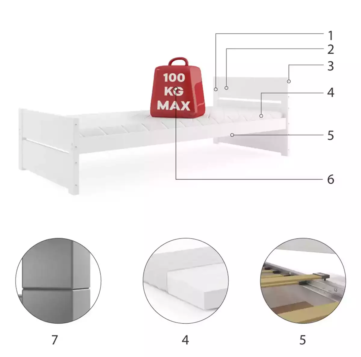 Komponenten für Jugendbett Bartholomäus, 90x200, mit Matratze, weiß Komponenten für Jugendbett Bartholomäus, 90x200, mit Matratze, weiß