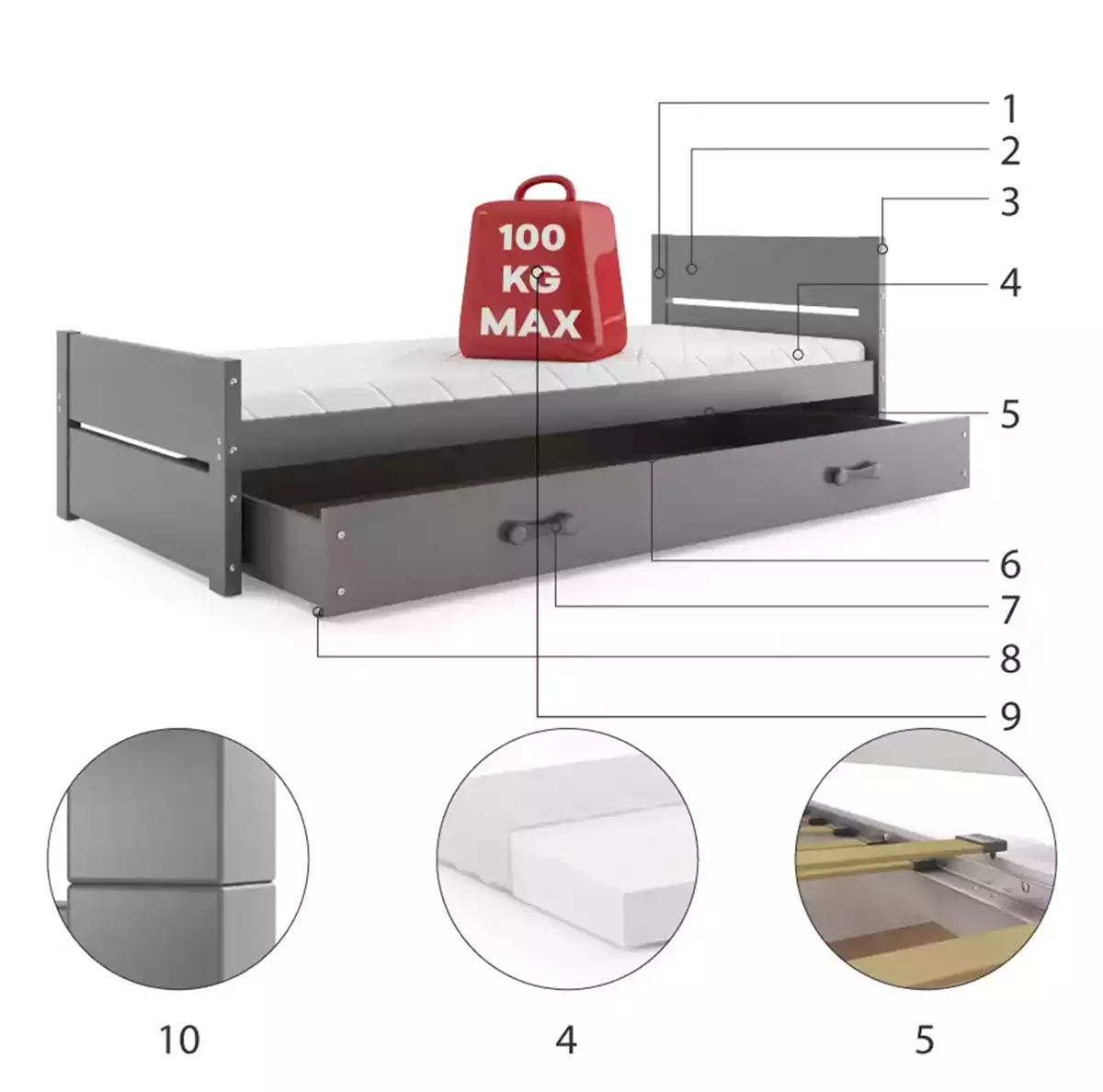 Komponenten für Jugendbett Bartholomäus, 90x200, mit Schublade, grau Komponenten für Jugendbett Bartholomäus, 90x200, mit Schublade, grau
