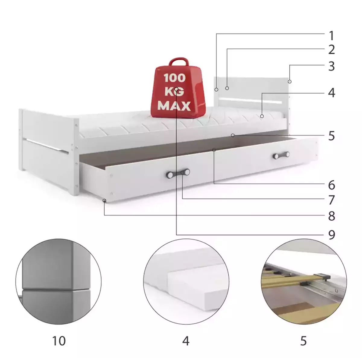 Komponenten für Jugendbett Bartholomäus, 90x200, mit Schublade, weiß Komponenten für Jugendbett Bartholomäus, 90x200, mit Schublade, weiß