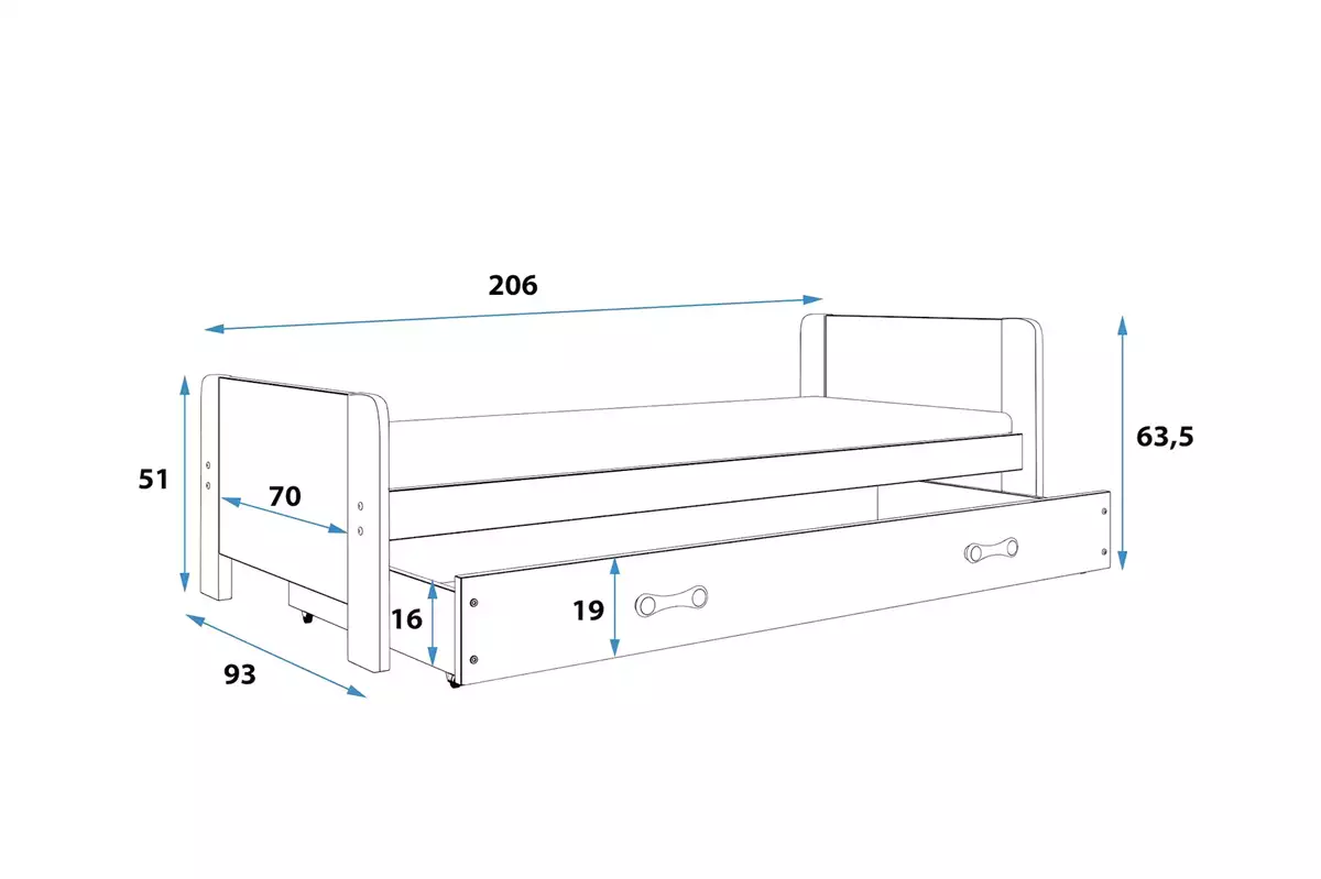 Abmessungen und Spezifikationen für Jugendbett Darius, 80X200 mit Schublade, grau Abmessungen und Spezifikationen für Jugendbett Darius, 80X200 mit Schublade, grau