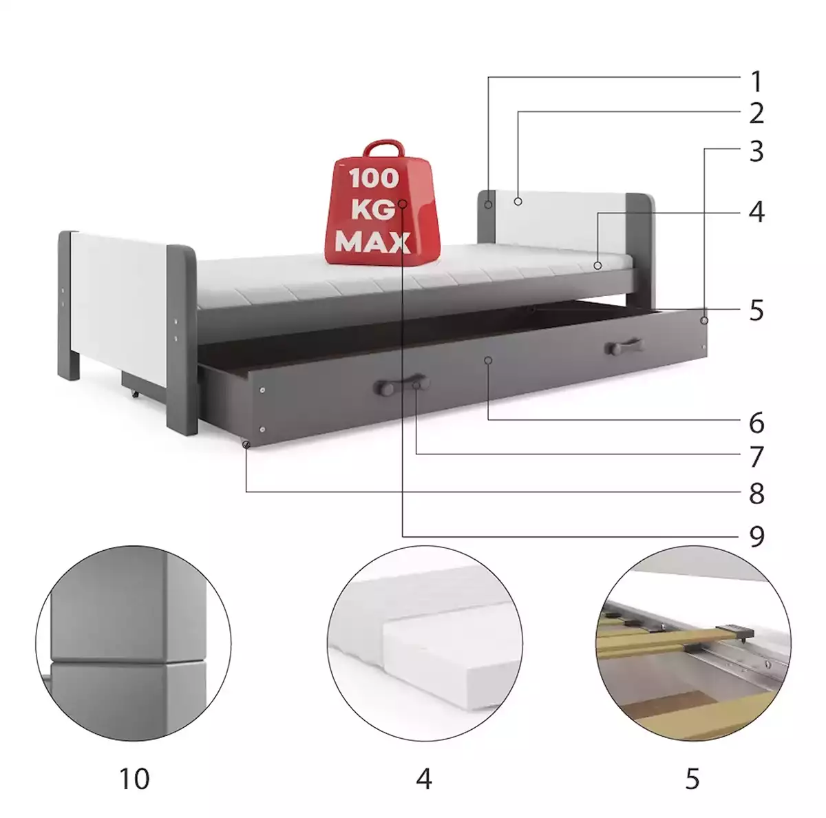 Komponenten für Jugendbett Darius, 80X200 mit Schublade, grau Komponenten für Jugendbett Darius, 80X200 mit Schublade, grau