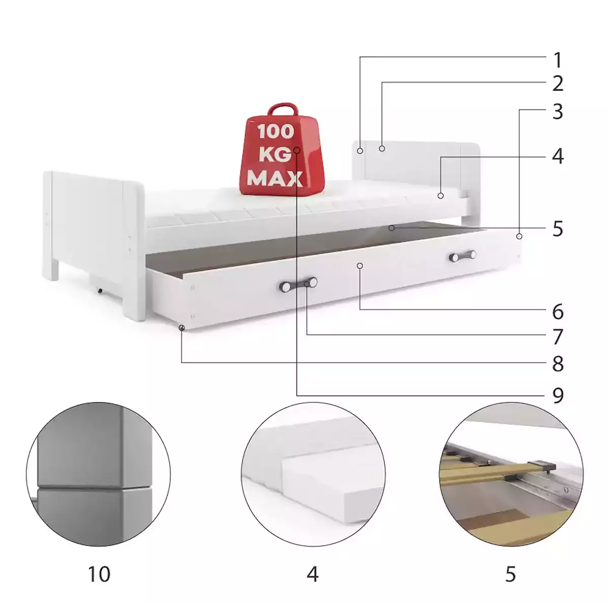 Komponenten für Jugendbett Darius, 80x200, mit Schublade, weiß Komponenten für Jugendbett Darius, 80x200, mit Schublade, weiß