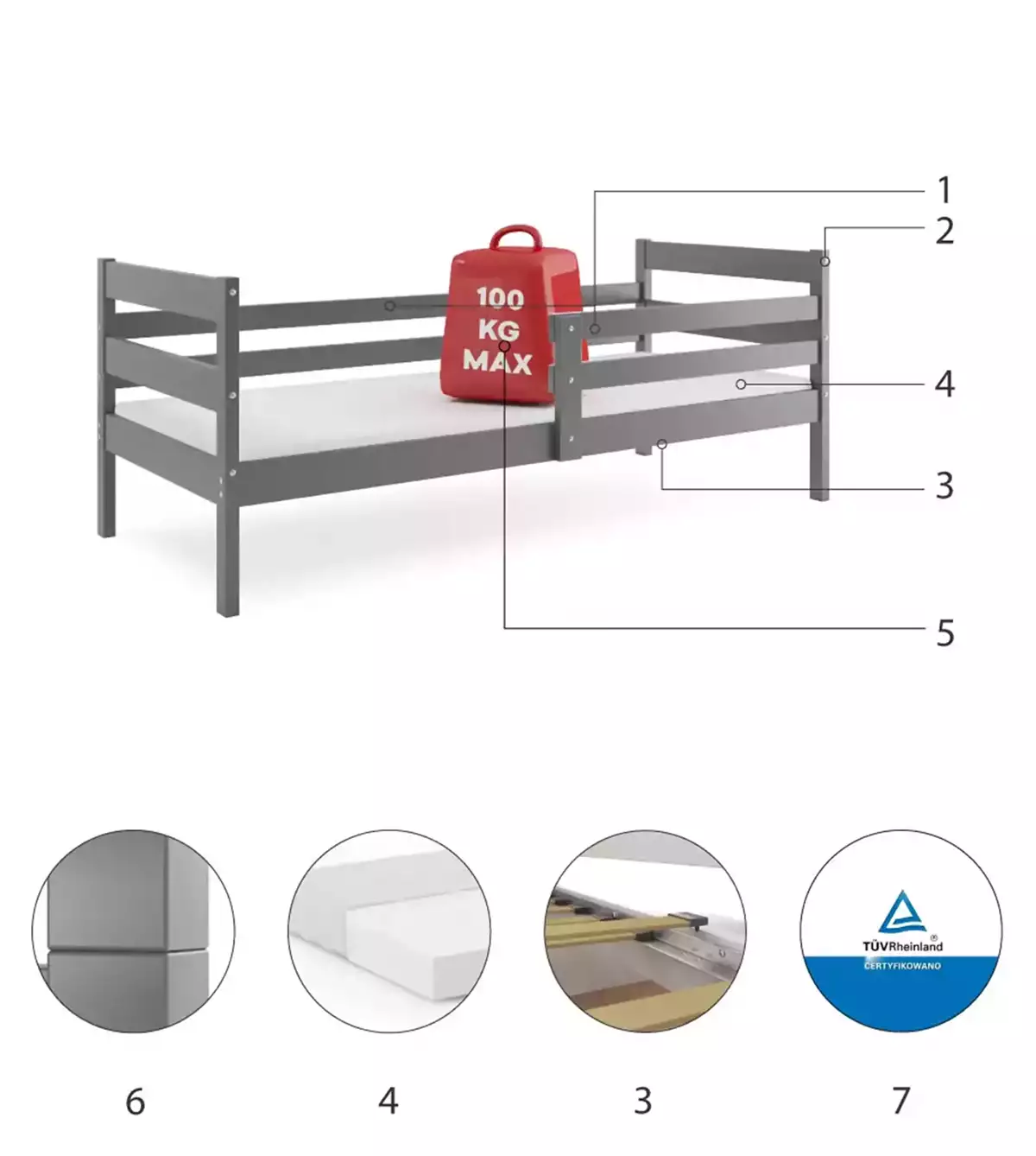 Komponenten für Jugendbett Erik, 80x190, mit Matratze, grau Komponenten für Jugendbett Erik, 80x190, mit Matratze, grau