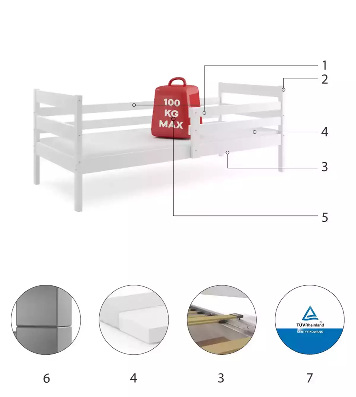 Komponenten für Jugendbett Erik, 80x190, mit Matratze, weiß Komponenten für Jugendbett Erik, 80x190, mit Matratze, weiß