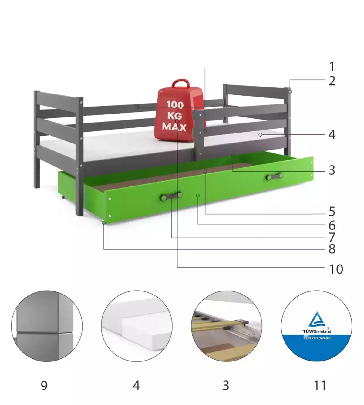 Komponenten für Jugendbett Erik, 80x190, mit Schublade, grau/grün