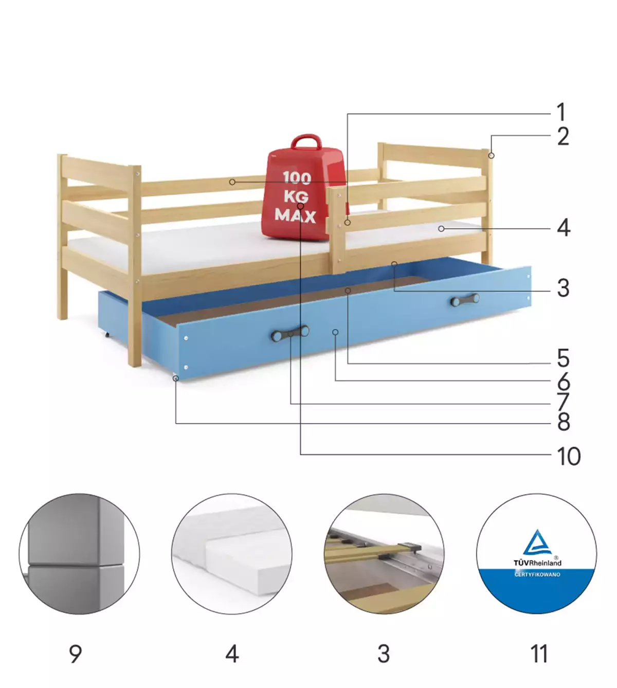 Komponenten für Jugendbett Erik, 80x190, mit Schublade, Kiefer/blau Komponenten für Jugendbett Erik, 80x190, mit Schublade, Kiefer/blau