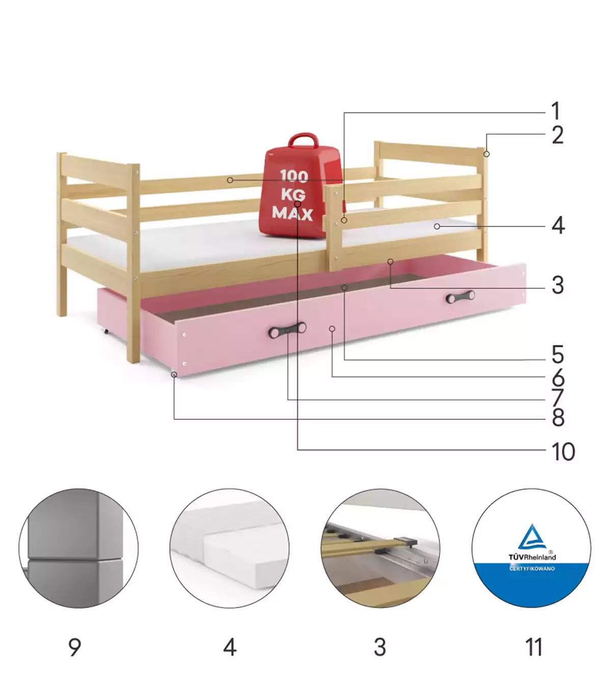 Komponenten für Jugendbett Erik, 80x190, mit Schublade, Kiefer/rosa