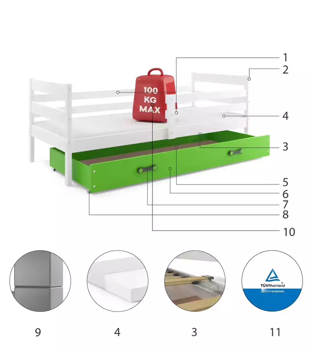Komponenten für Jugendbett Erik, 80x190, mit Schublade, weiß/grün