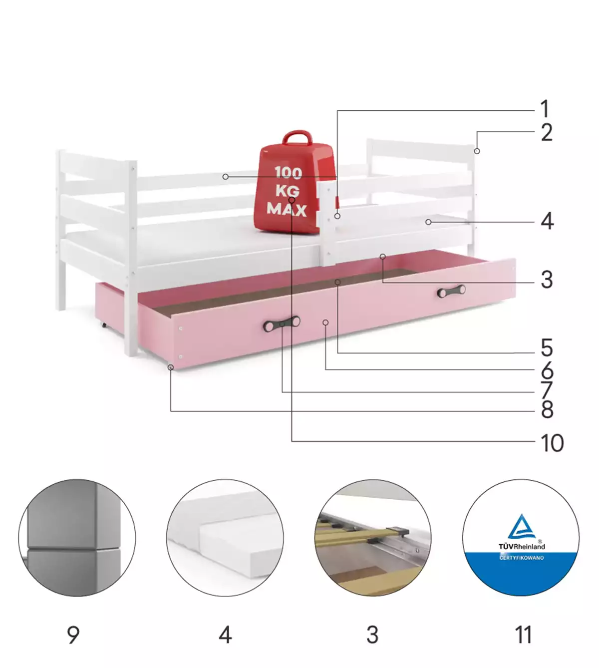 Komponenten für Jugendbett Erik, 80x190, mit Schublade, weiß/rosa