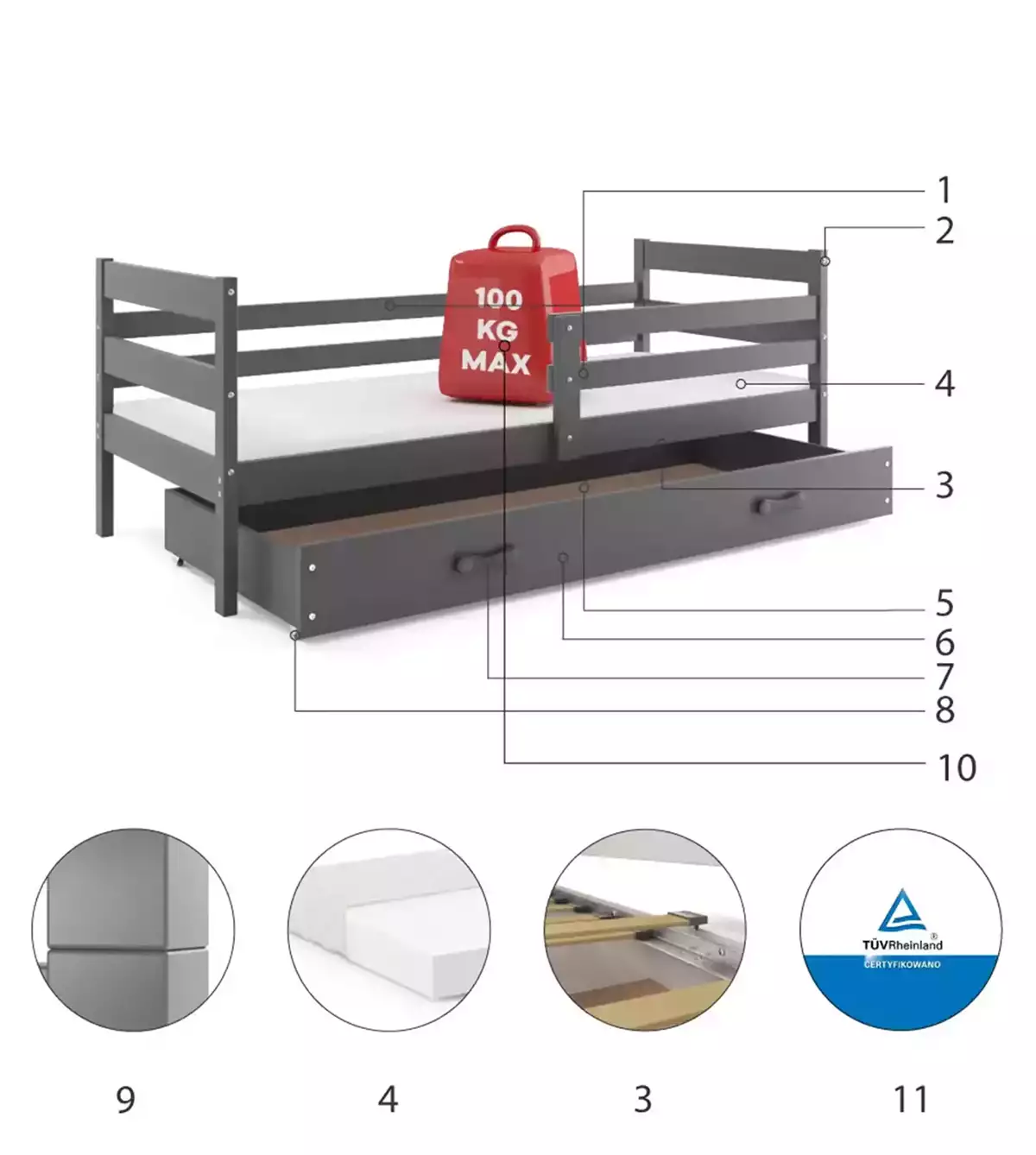 Komponenten für Jugendbett Erik, 90x190, mit Matratze und Schublade, grau