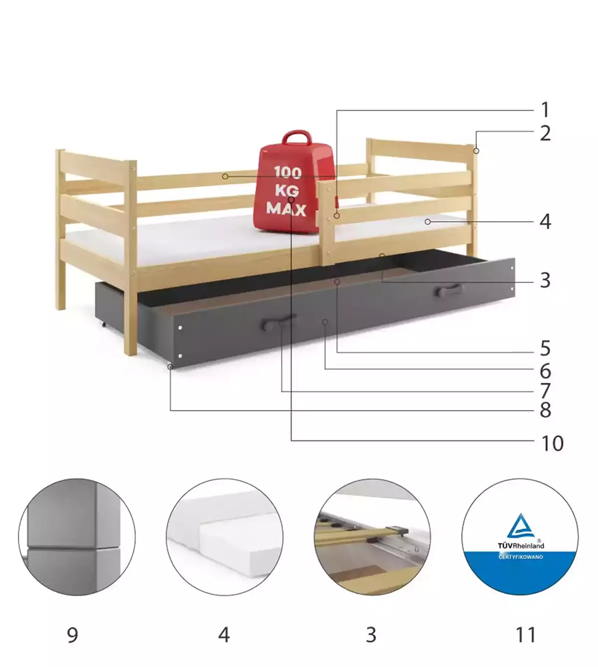 Komponenten für Jugendbett Erik, 90x190, mit Matratze und Schublade, Kiefer/grau Komponenten für Jugendbett Erik, 90x190, mit Matratze und Schublade, Kiefer/grau