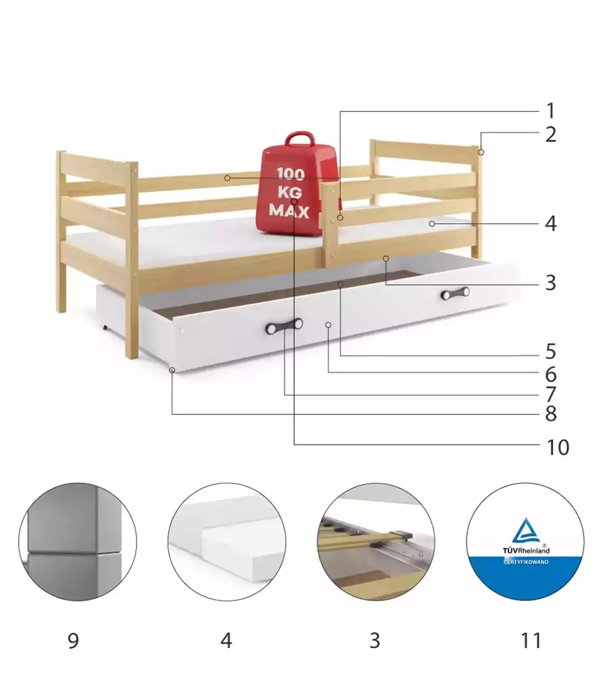 Komponenten für Jugendbett Erik, 90x190, mit Matratze und Schublade, Kiefer/weiß