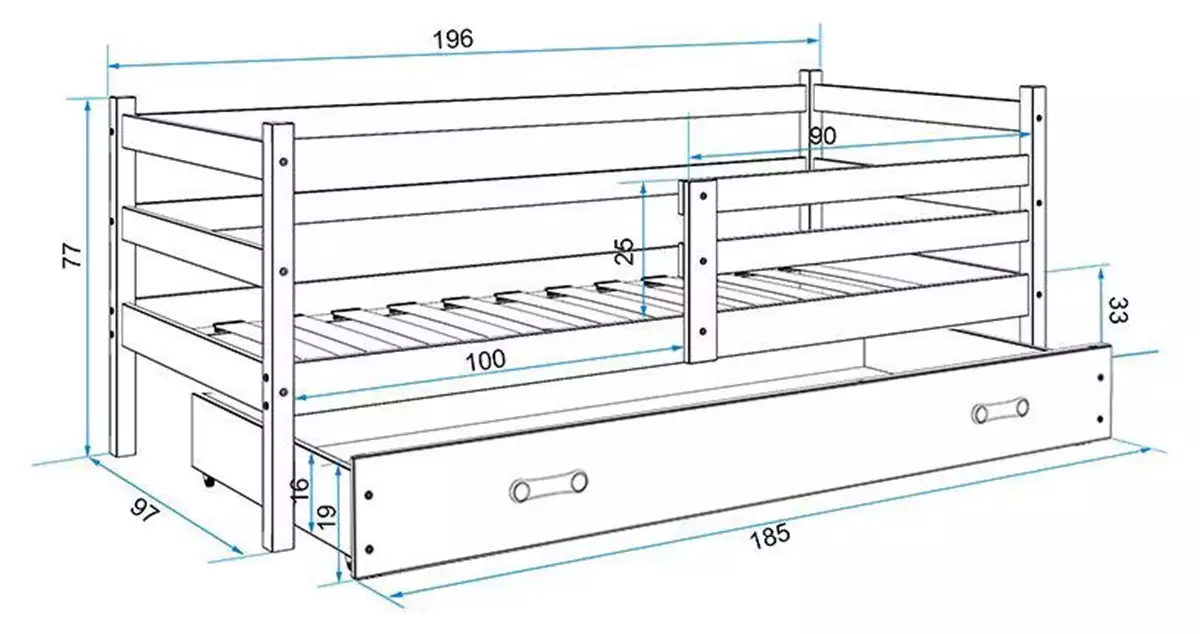 Abmessungen und Spezifikationen für Jugendbett Erik, 90x190, mit Matratze und Schublade, weiß/grau Abmessungen und Spezifikationen für Jugendbett Erik, 90x190, mit Matratze und Schublade, weiß/grau
