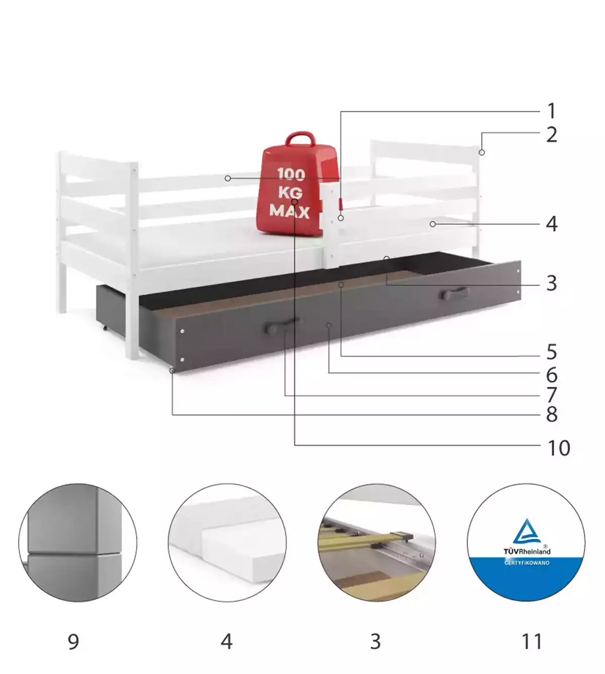 Komponenten für Jugendbett Erik, 90x190, mit Matratze und Schublade, weiß/grau Komponenten für Jugendbett Erik, 90x190, mit Matratze und Schublade, weiß/grau